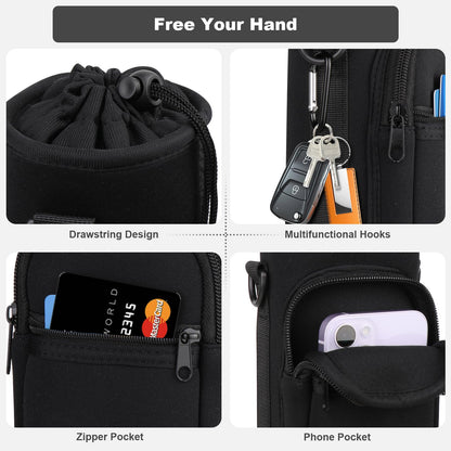 Bstge Water Bottle Holder with Strap, Water Bottle Carrier Bag with Phone Pocket, Shoulder Hand Strap Insulated Neoprene 32 oz Water Bottle Sleeve for Walking Hiking Camping Gym(black)