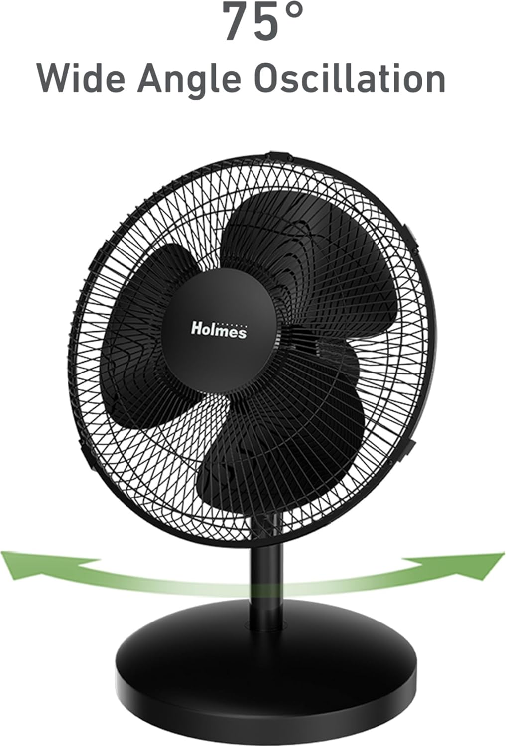 HOLMES 12" Table Fan with 75° Oscillation, 3 Speeds, 15° Adjustable Head Tilt, Ideal for Home, Bedroom, Office, Black