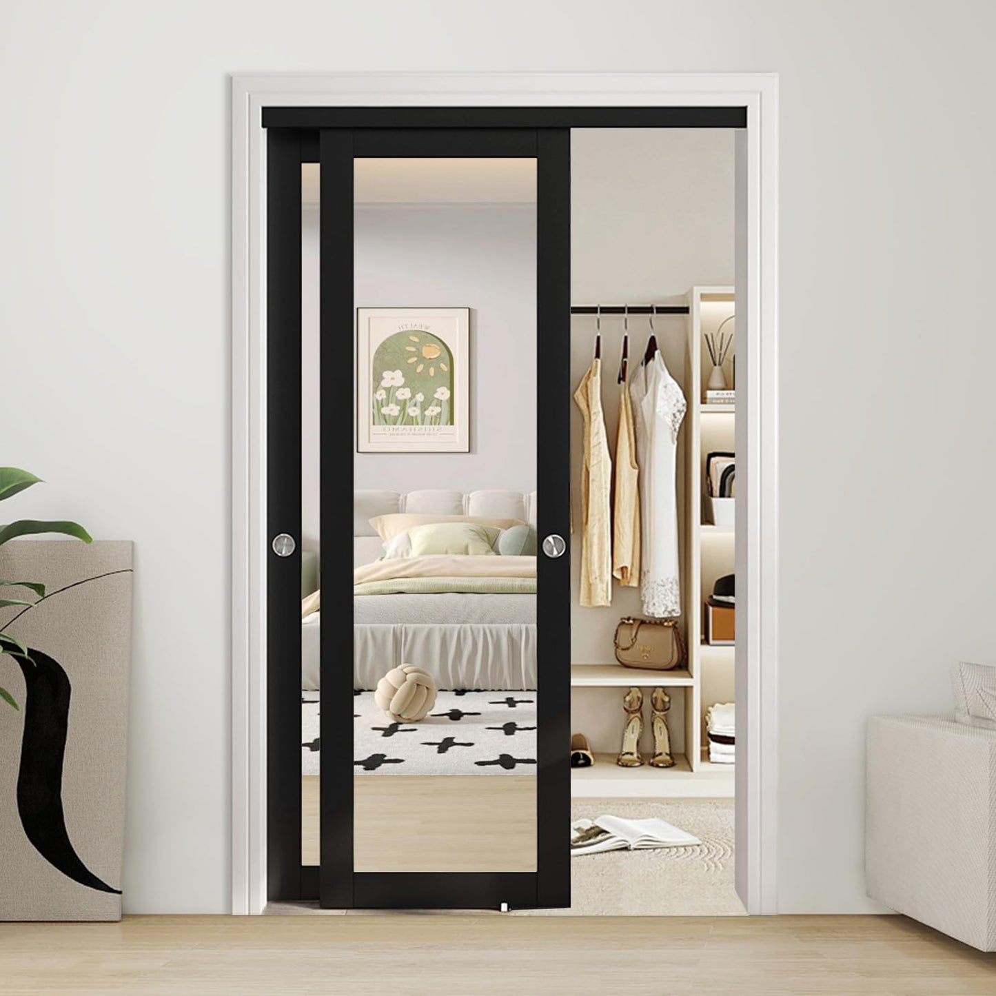 JUBEST 48" x 80" Mirror Closet Door, Preassembled One Side Mirror Door with Hardware Kit & Matching Fascia, Solid Wood Frame with Water-Proof PVC Surface, Easy to Install, Black