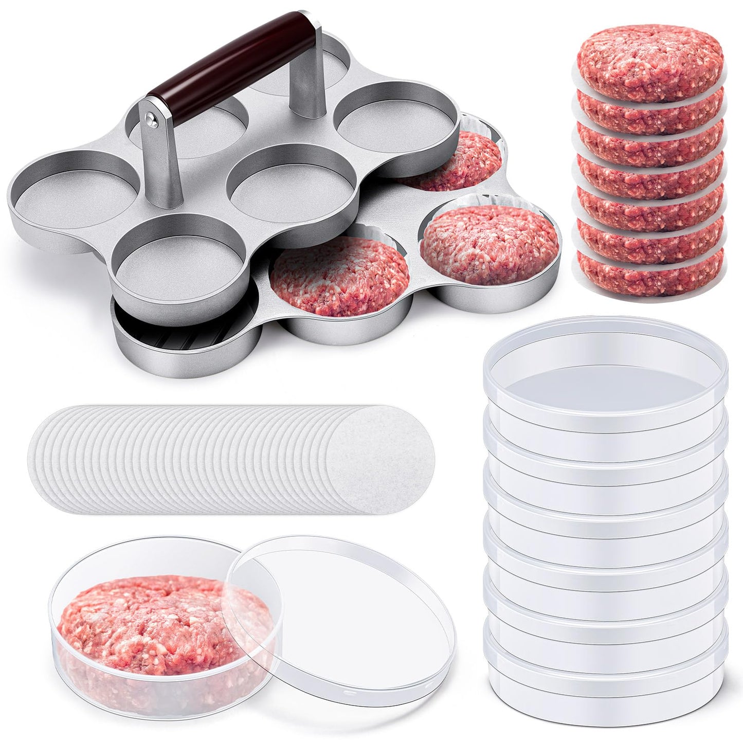 Reallnaive Mini Burger Press with 200 Patty Papers and 6 Storage Containers 6 Slots Meat Sausage Patty Maker Paper Sheets Set for Small Burger Barbecue, Make 6 Pieces at Once