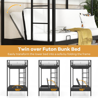 Giantex Twin Over Twin Futon Bunk Bed, Convertible Metal Bunk Bed with Futon Frame, 2 Ladders & Safety Guardrails, Heavy Duty Sofa Couch Beds with Under-Bed Space, for Kids, Teens, Adults, Black