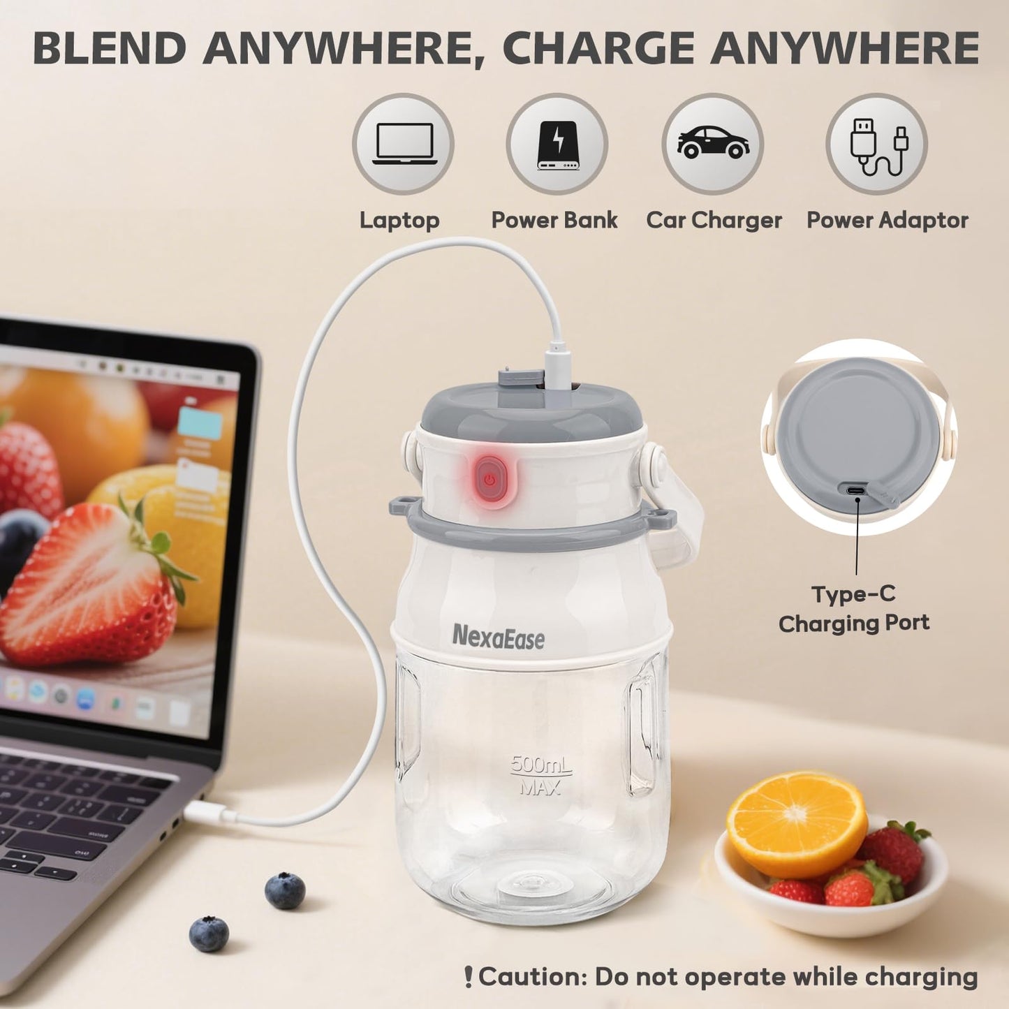 Portable Blender for Shakes and Smoothies- Personal Juicer 20 OZ Electric Protein Shaker Bottle with Insulated Sleeve, USB-C Rechargeable,Travel Lid-Small Blender Cup for Kitchen, Office, Gym,Travel