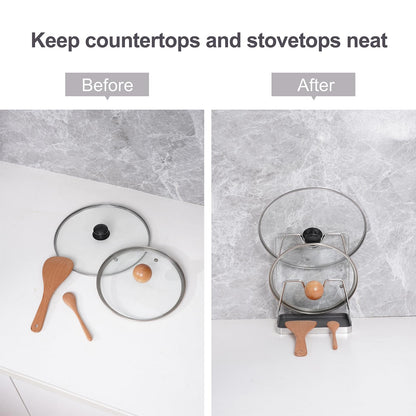 XCCK 304 Stainless Steel Pot Lid Holder While Cooking, Kitchen Pot Lid Storage Rack for stove top, Multifunctional Kitchen Pot Lid Organizer for Countertop（Silver）