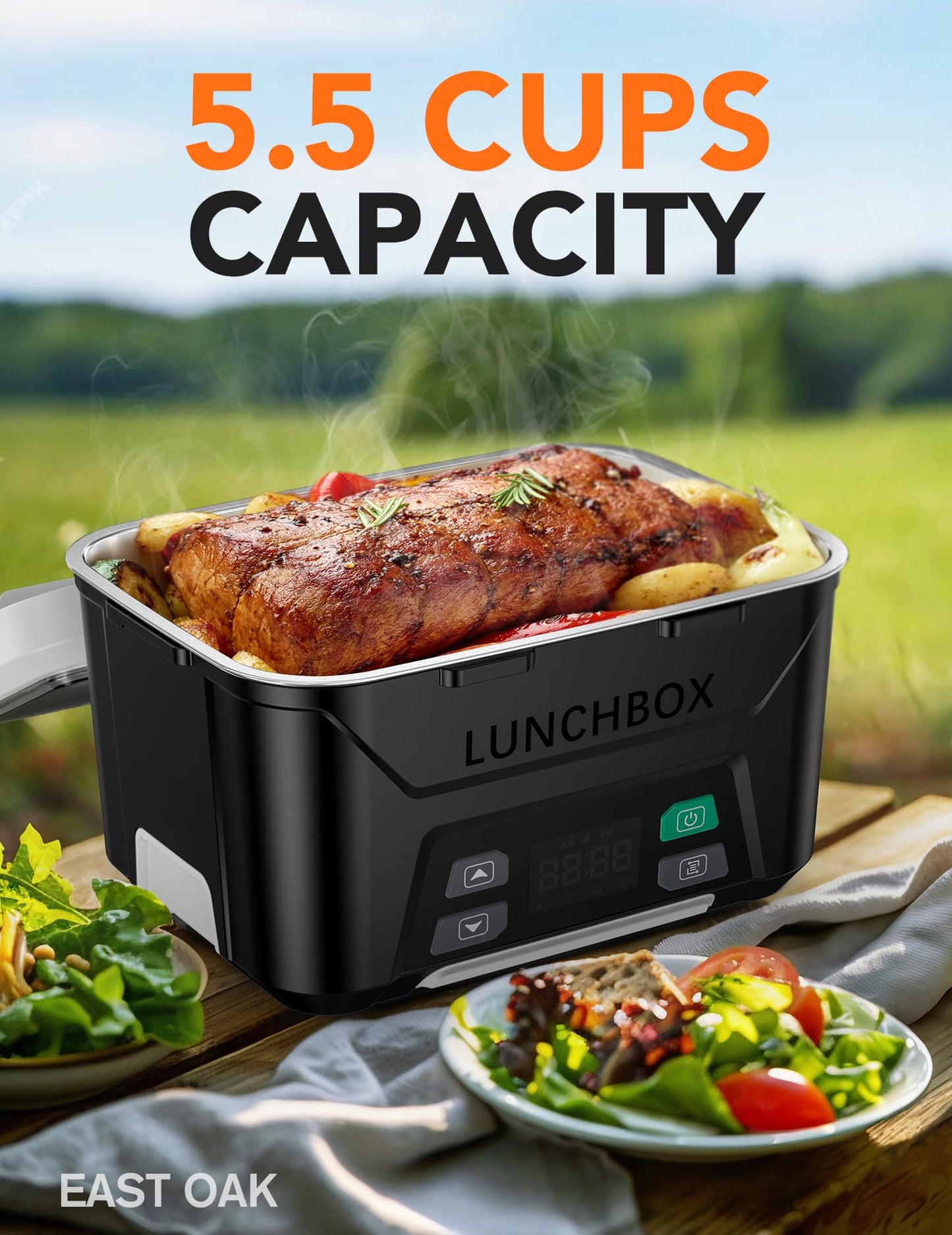 EAST OAK Cordless Electric Lunch Box for Adults, Heated Lunch Box Battery Powered with Automatic Heating, 5.5 Cups Portable Food Warmer with Insulated Carry Bag