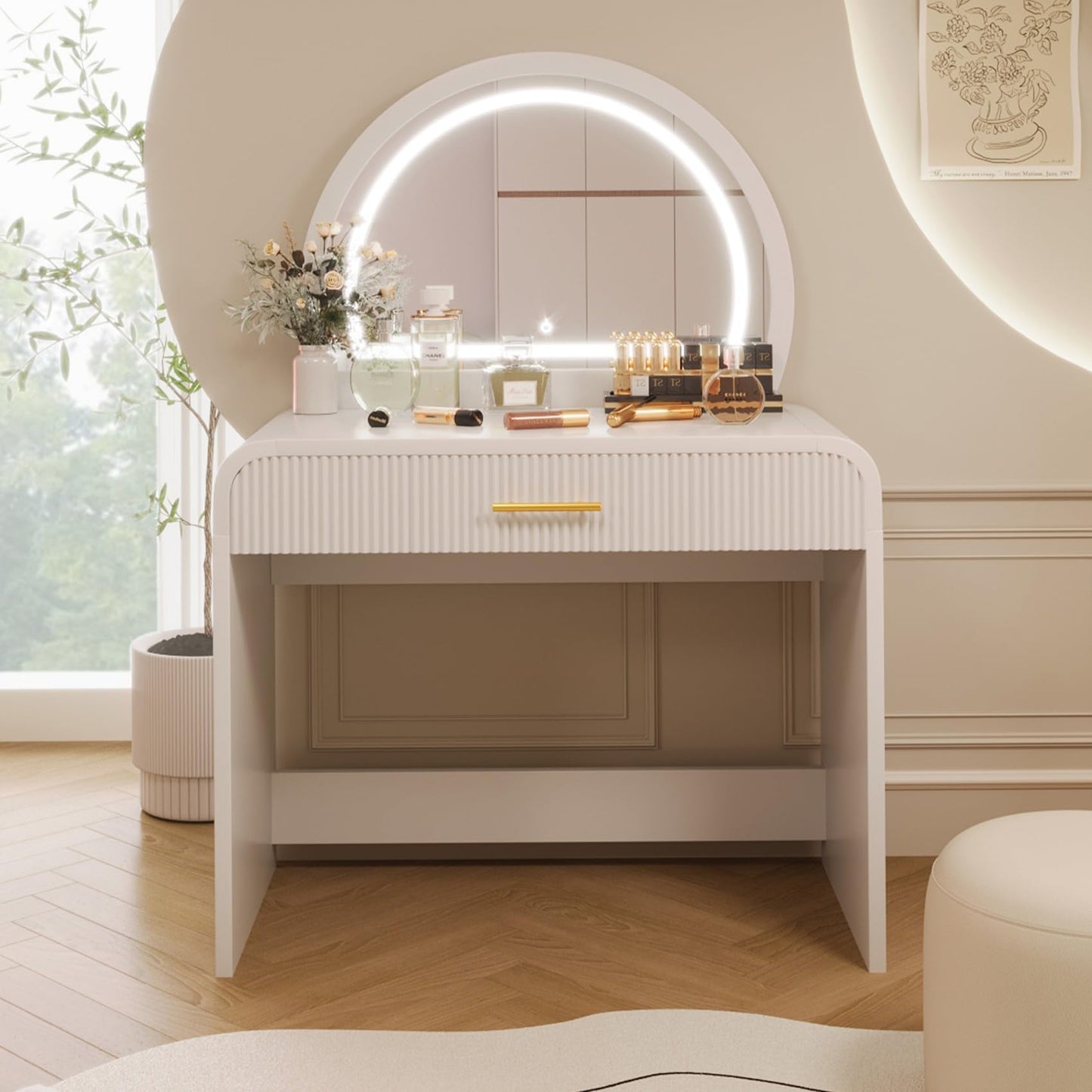 Merax 39" Make Up Vanity Desk with Touch Screen Lighted Mirror and Storage Drawer, Rubber Wood Girls Makeup Dresser Table for Bedroom, Dressing Room