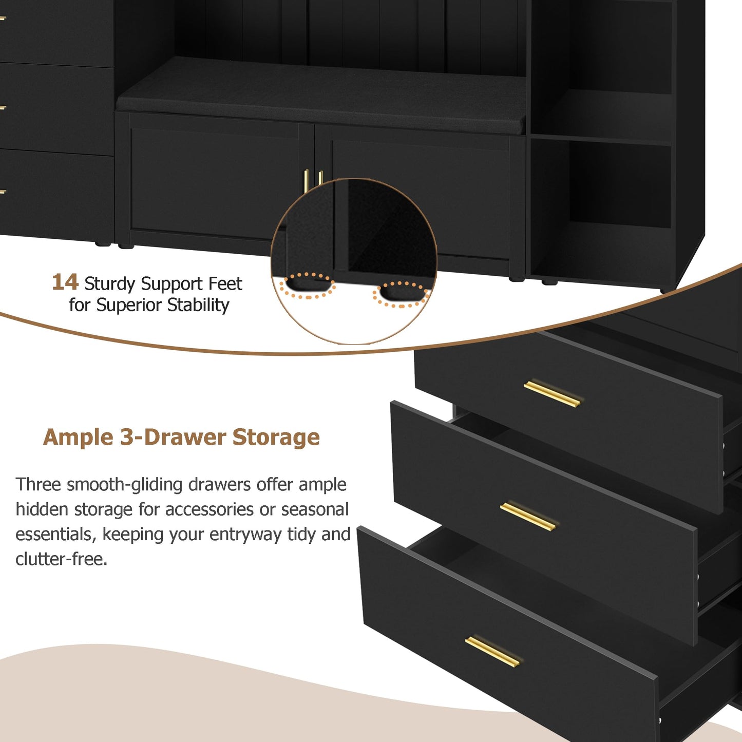 Amposei 94.49’’W Extra Large Hall Tree Cabinet with 6 Doors & 3 Drawers, Tall Entryway Organizer Shoe Storage Bench with 4 Coat Hooks & 6 Open Cubbies for Hallway Mudroom Living Room, Black