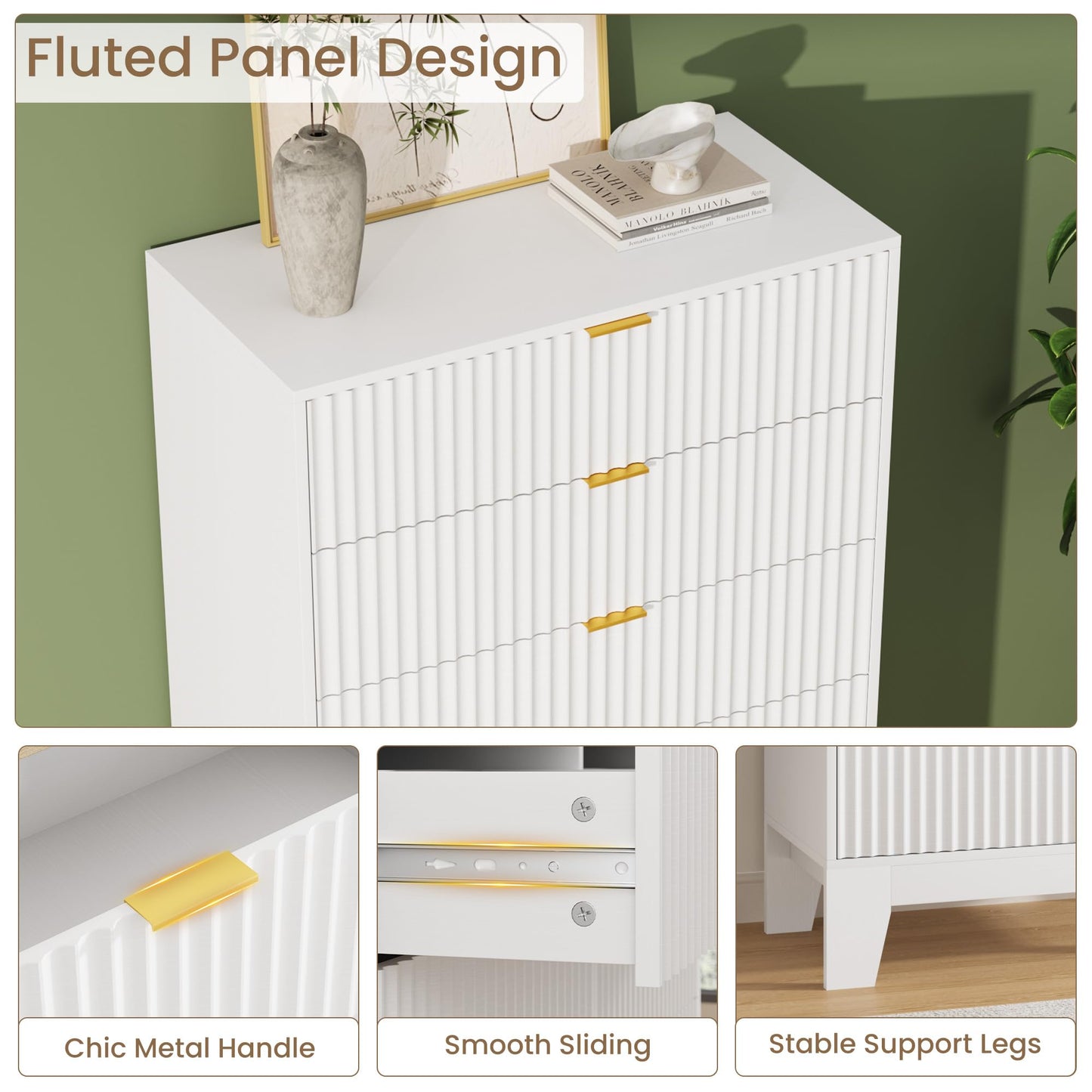 Garvee 5 Drawer Dresser for Bedroom, 47" Tall Fluted Chest of Drawers with Metal Handle, Modern Wooden Dresser TV Stand, Clothes Storage Organizer Wood Closet for Hallway, Entryway, White