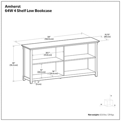 SIMPLIHOME Amherst Bookcase 30 in Tall 4-Shelf Solid Wood Low Bookshelf in Hickory Brown, Transitional Storage Console for Living Room, Entryway or Home Office with Adjustable Shelves & Tapered Legs
