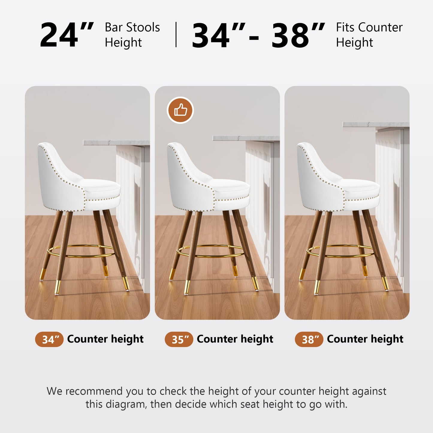 Sucrever Counter Height Bar Stools Set of 4, 24" Leather White Bar Stools with Backs, Swivel Counter Stools with Wooden Legs for Kitchen, Dining Room, Bar, Cream White