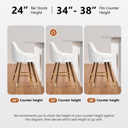 Sucrever Counter Height Bar Stools Set of 4, 24" Leather White Bar Stools with Backs, Swivel Counter Stools with Wooden Legs for Kitchen, Dining Room, Bar, Cream White