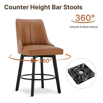 24" Counter Height Bar Stools Set of 2, Swivel Bar Stools with Backs, Faux Leather Upholstered Counter Barstools with Solid Wood Legs for Kitchen Island,Brown
