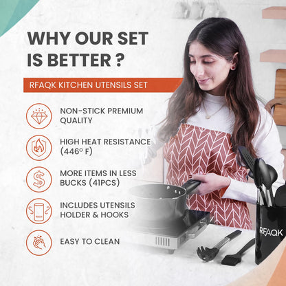 40PCs Silicone Cooking Utensils Set 446℉ Heat Resistance, RFAQK BPA Free Kitchen Utensils Set for Nonstick Cookware, Gadgets includes Can Opener, Potato Smasher,Peeler,Tongs,Spatula Set,Pizza Cutter