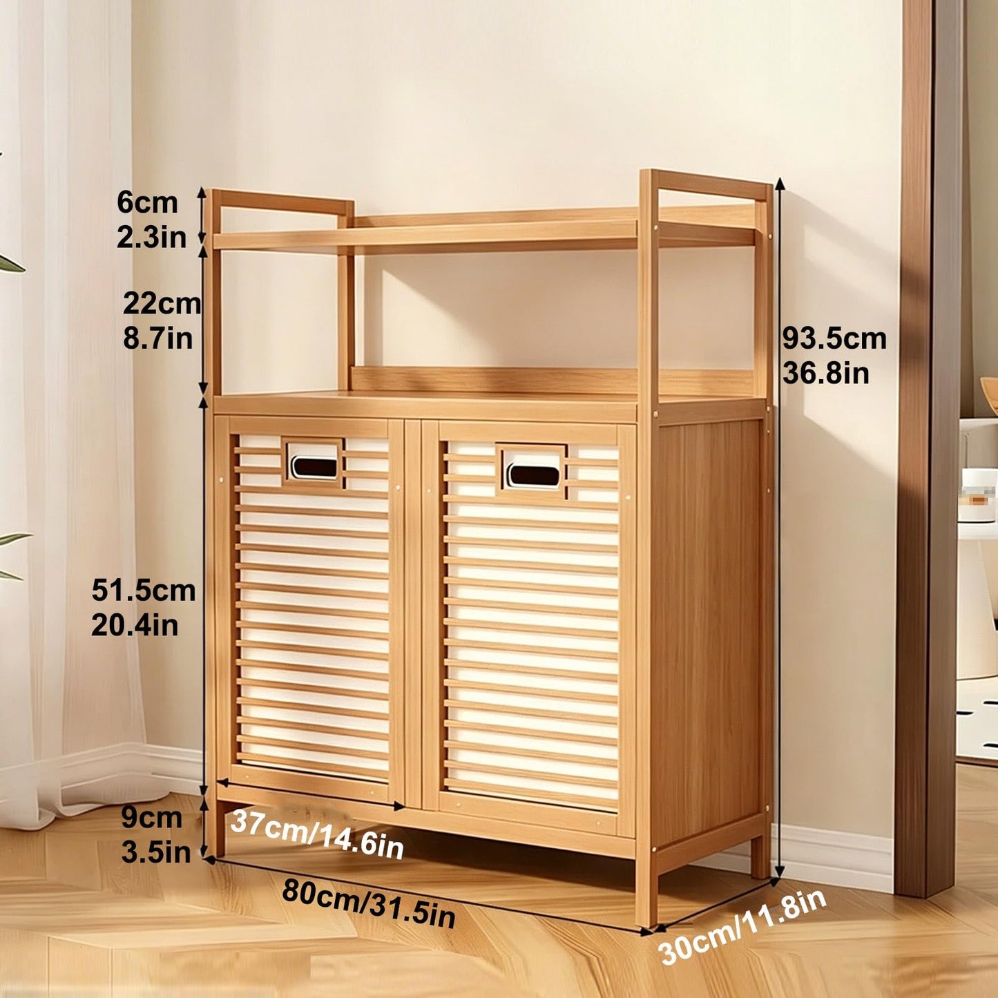 Tilt Out Bamboo Laundry Hamper Cabinet, 2 Removable 70L Bags, 2-Tier Shelves, 31.5"x11.8"x36.8" Freestanding Organizer for Bathroom Laundry Room & Bedroom