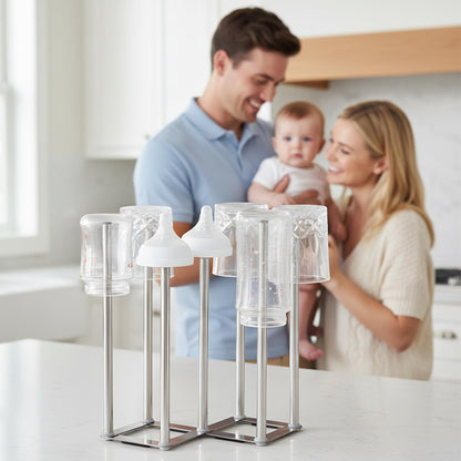 ANSOTHIN Water Bottle Drying Rack, Cup Drying Rack for Counter, Stainless Steel Tumbler Dryer Stand, Space-Saving Mug & Glass Drying Rack, Heavy-Duty Holder for Cups & Water Bottles (Silver – 7 Pegs)