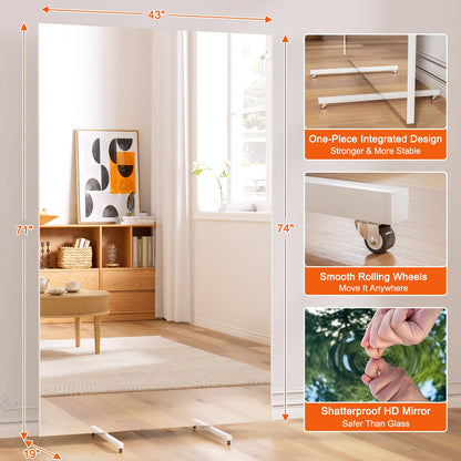 brisafe Rolling Full-Length Standing Mirror with Wheels, 71" x 43"Oversized Shatterproof Nano Material, No Assembly Required, Easy Move for Home Gym, Dance & Yoga Studio, Silver