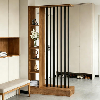 Room Divider with Shelves, Wall Room Divider with Storage Shelf, Easy to Assemble, Suitable for Home and Office Decoration (A Golden Oak + Black, 39.4in)