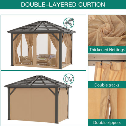 10' x 12' Hardtop Gazebo, Permanent Outdoor Pavilion with Single-Tier Hardtop Roof, Thickened Mosquito Netting, Double Track & Double Zipper Design for Patio, Lawn, Garden, Brown