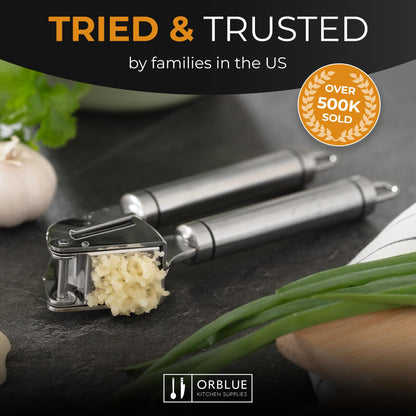 ORBLUE Garlic Press Stainless Steel - Premium Professional Grade Garlic Mincer, Crusher & Peeler Set - Easy Clean, Dishwasher Safe & Rust-proof