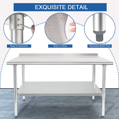 HARDURA Stainless Steel Prep & Work Table 30 x 60 Inches NSF Heavy Duty Commercial with Undershelf and Backsplash, Galvanized Legs for Commercial Food Prep