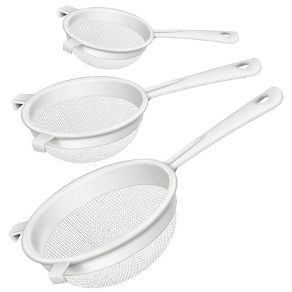 3 Pcs Plastic Nylon Mesh Strainer Colander with Handle Double Ear Fine Food Mesh Strainer Flour Sifter for Baking Kitchen Colander Sifter Kefir Tea Juice Pasta(3 Inch, 5 Inch, 7 Inch)