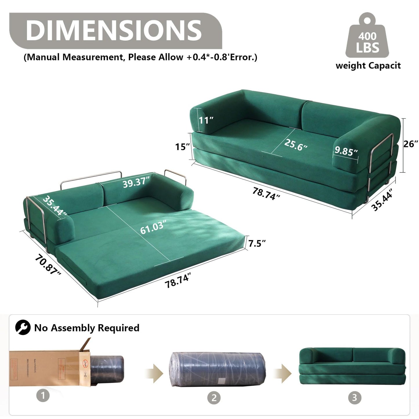 WHGBJA 79'' Convertible Sleeper Sofa Bed, 3-in-1 Foldable Floor Couch with Corduroy Upholstery, No Assembly Loveseat, Light Brown Lounge Mattress for Living Room, Studio, Guest Room (Light Green)