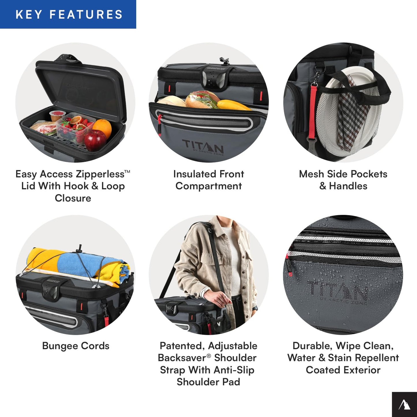 Titan by Arctic Zone Zipperless Soft Sided Cooler with HardBody Liner and SmartShelf, Insulated Bag with Shoulder Strap and Bottle Opener for Beach, Picnic, and Travel, 30 Can Capacity, Sharkskin Gray