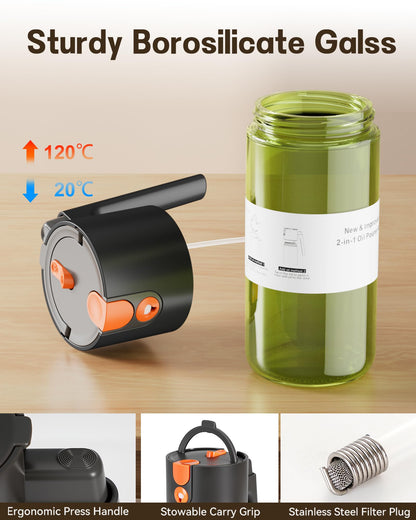 OURCABECUE Upgrade 2 in 1 Oil Sprayer for Cooking, 17oz Light-Blocking Glass Olive Oil Dispenser Bottle for Kitchen, Food-Grade Oil Mister with 8 Stickers for Salad, Frying (Green Bottle-Black Gap)