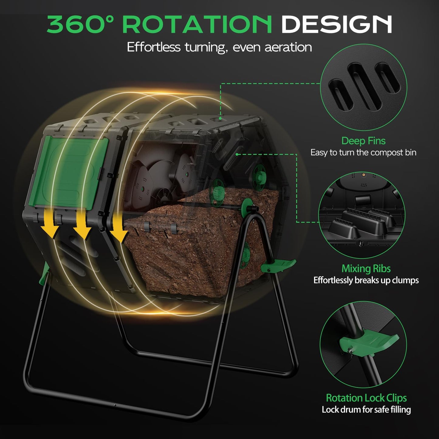 TOP XIAN Compost Tumbler 45 Gallon/170L, Easy-Assemble Dual Chamber Compost Bin Outdoor, 360°Rotating Large Composter for Outside, Backyard, Garden, Gifts for Seasoned Gardeners & Beginners-Green