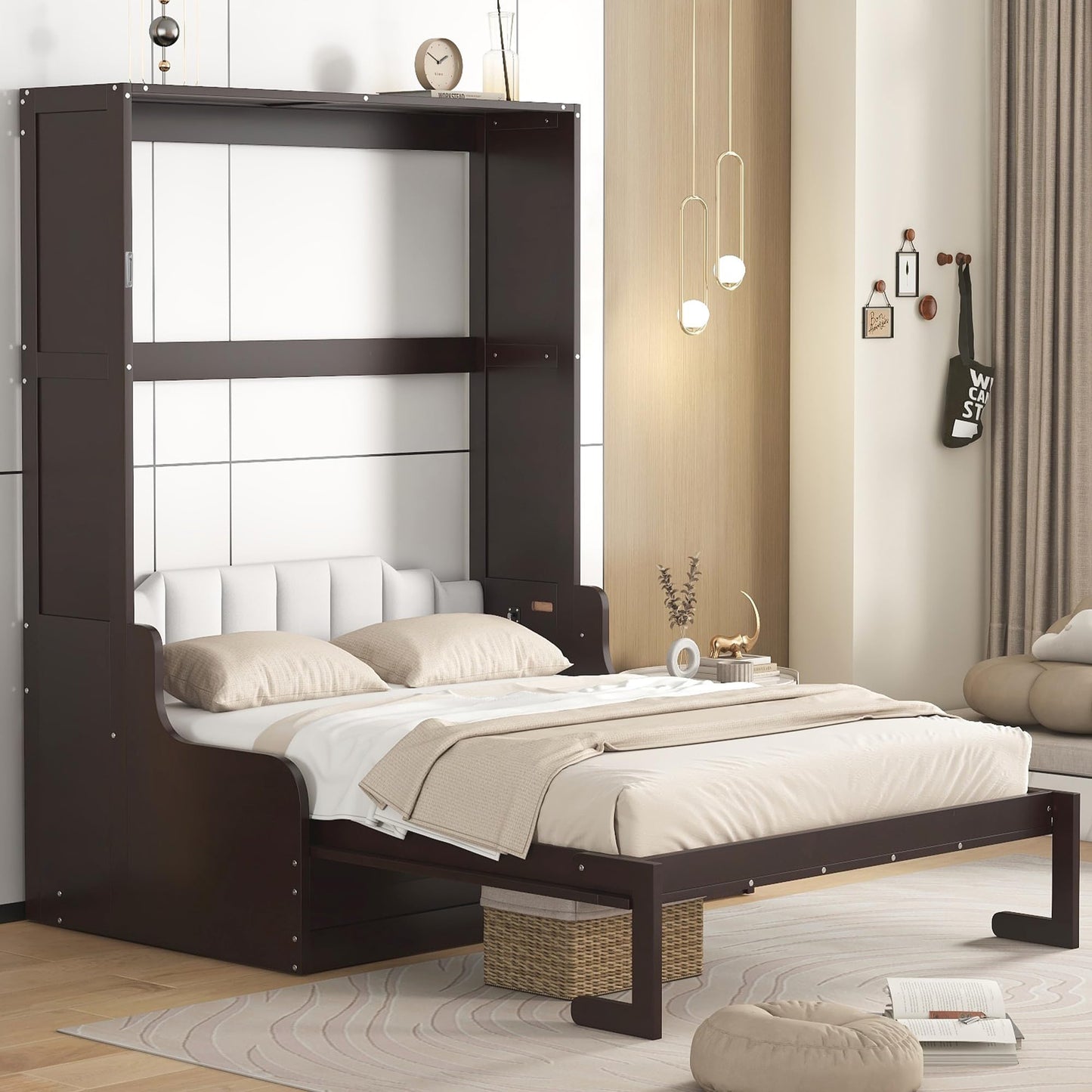 Merax Queen Size Murphy Bed Frame, Modern Wall Bed Can Be Folded into Cabinet, Chair with Cushion, Espresso