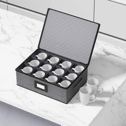 Aokeyee 2-Pack Cup & Mug Storage Box with Dividers, Hard Shell Organizer with Lid, Handles, Zippers & Label Slot, Holds 24 Mugs, Teacups & Glasses, Stackable Containerfor Moving & Protection, Grey