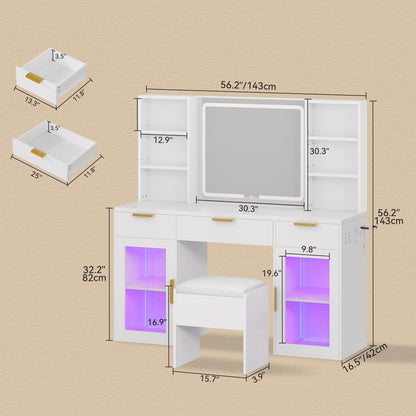DWVO 56.3" Makeup Vanity with LED Lighted Mirror, Large Vanity Desk with RGB Glass Cabinets, Open Shelving, Built-in Power Strip & Cushioned Stool