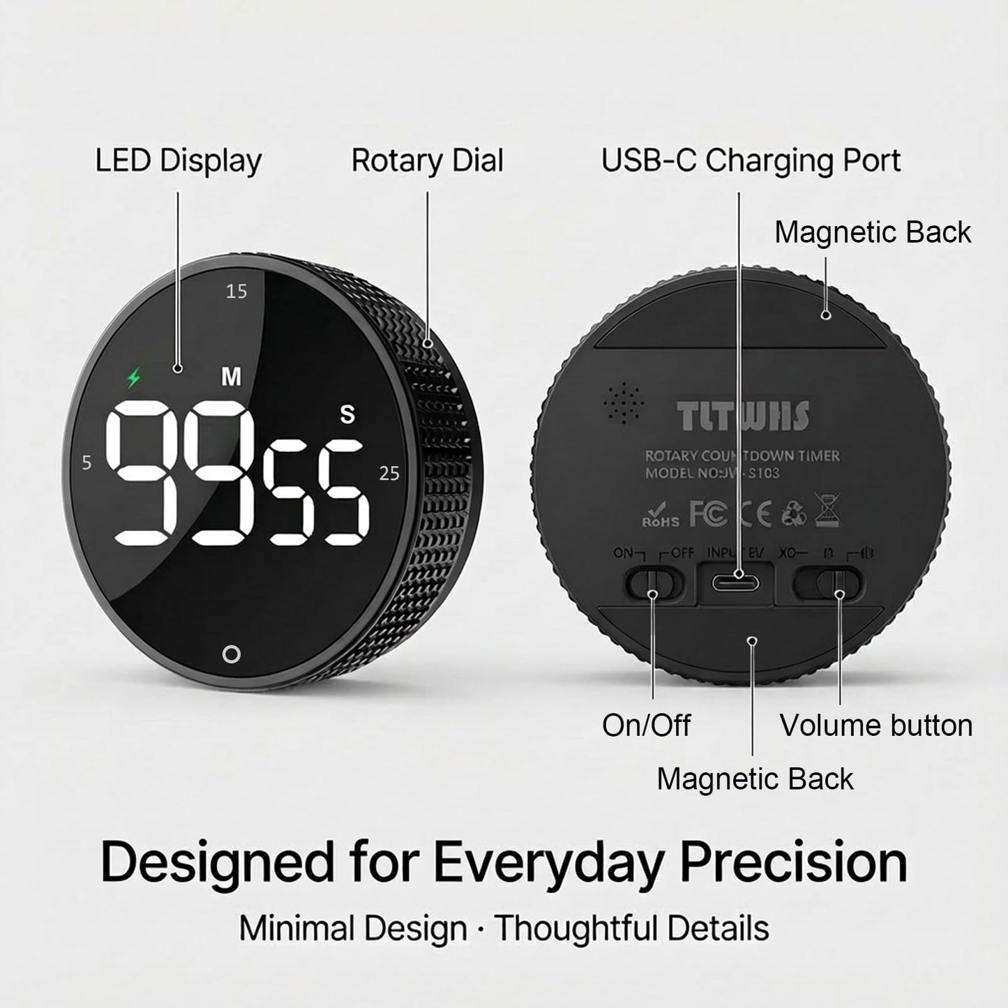 TLTWHS Rechargeable Magnetic Kitchen Timer, LED Countdown/Count-Up Timer, Supports USB-C Charging, with Loud Alarm, 3 Preset Quick Times (5/15/25m), Perfect for Kitchen Cooking, Studying, and Fitness