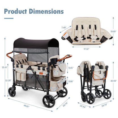 ZTDM Wagon Stroller for 4 Kids, All-Terrain Wagon for Toddler with Canopy, Parent Organizer, Shoulder Bag, Adjustable Handlebar, Phone Holder, High Seat & 5 Point Harness, Ultimate Quad (Beige)