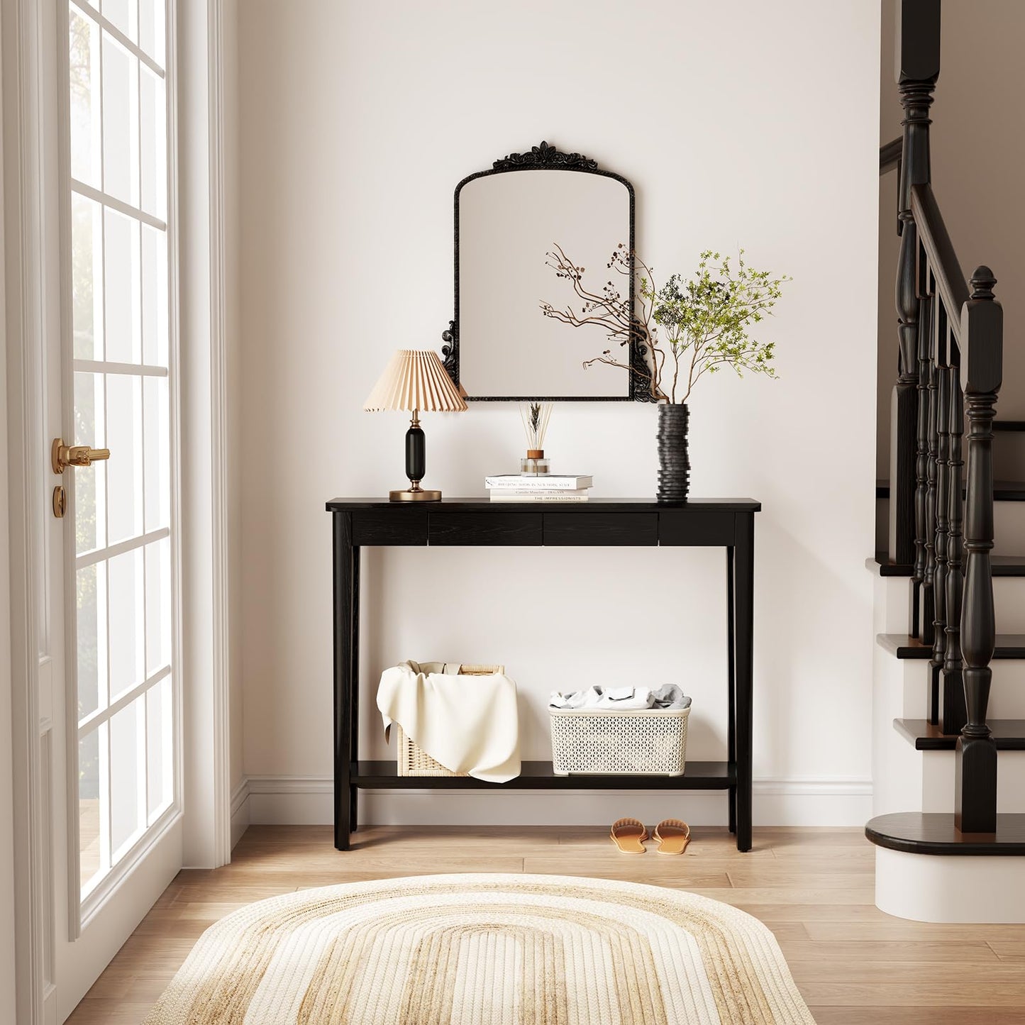AQIMUELE Wood Console Table with Drawers, Mid Century Modern Console Table Black for Entryway, Living Room, Hall Way.
