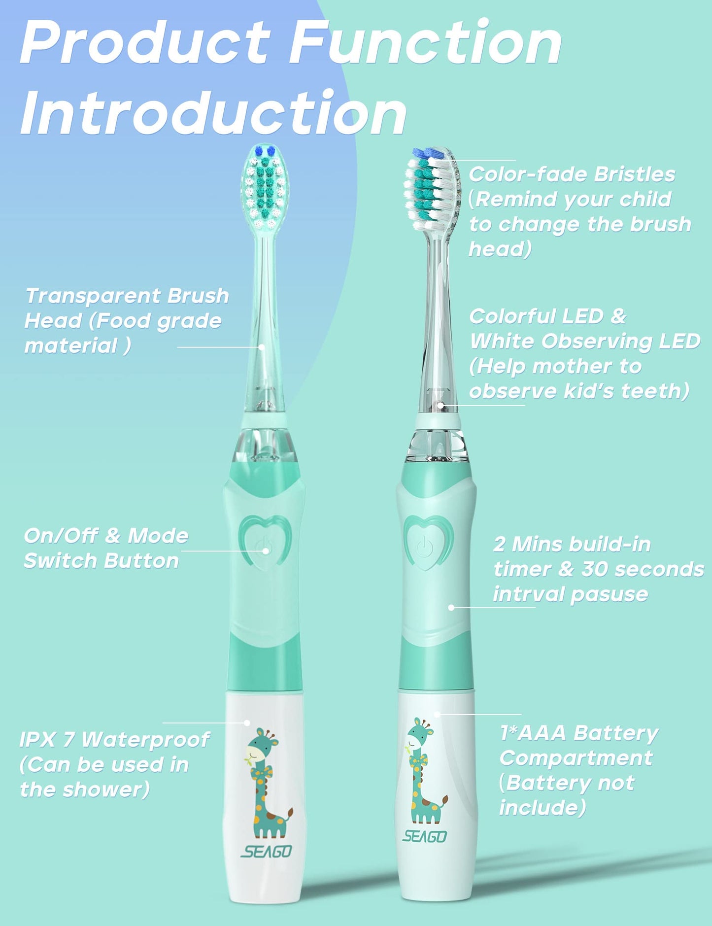 SEAGO Kids Electric Toothbrush with 2 Mins Brushing Timer and 4 Replacement Bursh Heads, Rainbow LED Light Make Brushing Fun, Boys Battery Powerd Toothbrush for 4-12 Years Old，SG-977 (Light Blue)