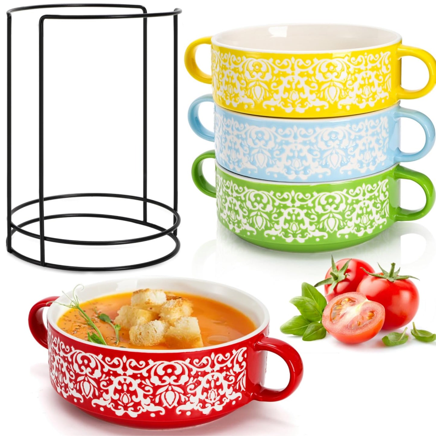 Acshio Set of 4 French Onion Soup Bowls with Handles, 20 Oz Ceramic Multicolor Soup Bowls with Organizer Rack, Stackable Soup Serving Crock for Beef Stew, Pasta, Cereal, Pot Pies