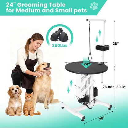Garvee 24 Inch Electric Hydraulic Lift Pet Dog Grooming Table, Rotating Grooming Desktop for Small Pet, with Overhead Arm, Foot Remote, Tool Organizer, Capacity 250LBS