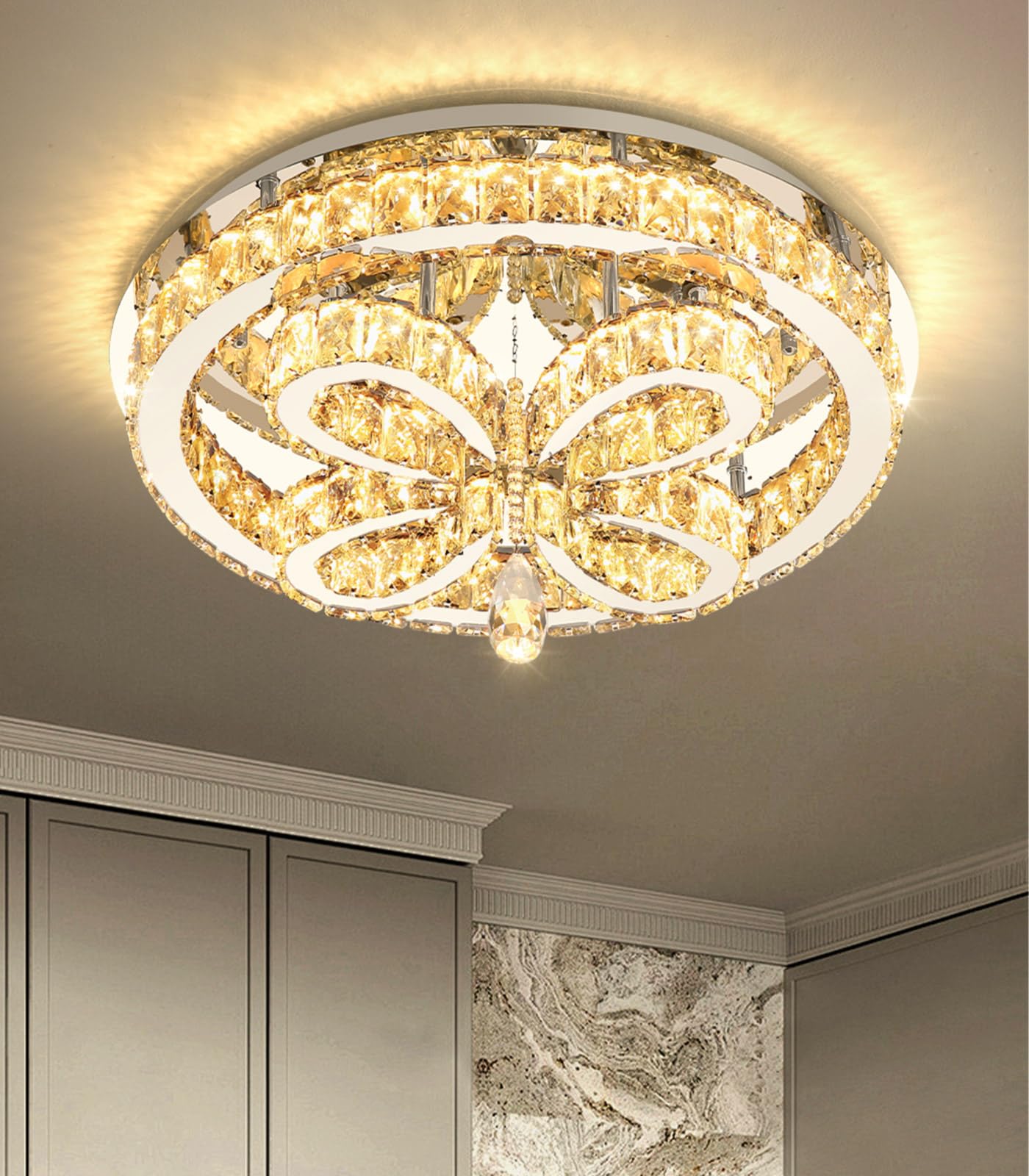 dolria Modern Crystal Chandelier LED 2-Tier Flush Mount Ceiling Lighting Dimmable Pendant Light for Living Room Bedroom Dining Room Entryway Hallway
