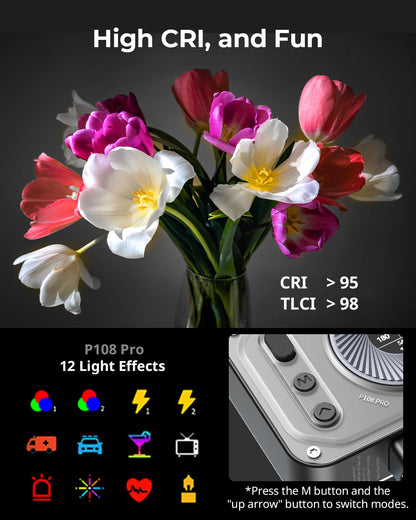 SMALLRIG Vibe P108 Pro RGB Video Light, Portable Led Camera Light for Photography, Cold Shoe Light, CRI95+, 2500-6500K, 12 Effects, Fill Light Accessories for Content Creator, Streaming