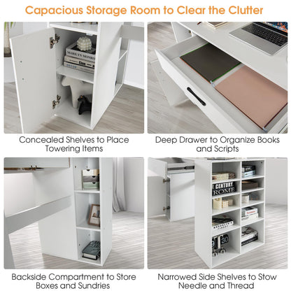 Giantex Craft Table with Storage, Artwork Sewing Table 14 Large & Small Storage Compartments, 1 Sliding Drawer, 1 Cabinet with 2 Shelves, 36'' Counter Height Drafting Writing Sewing Station Desk