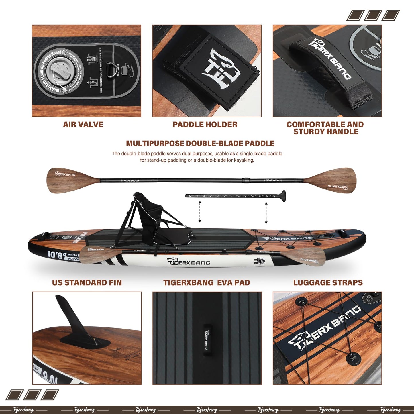 TIGERXBANG Paddle Board, 10.8' Stand Up Paddle Board with Premium Complete Inflatable SUP Accessories, Extra Wide Paddleboards for Adults & Kids-Pandora Collection Indian Black