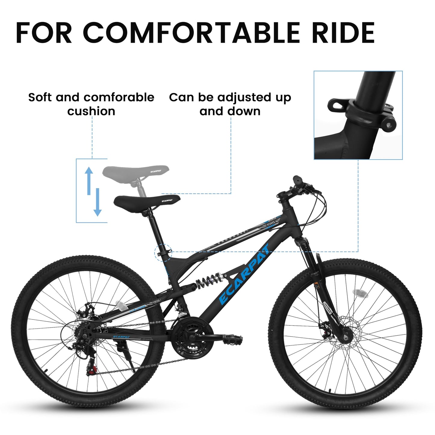 Rycheer 27.5 Inch Men Boys Mountain Bike Full Suspension, 21 Speeds Steel Mountain Bike, Disc Brakes, Adult Sport Bicycle for Trail Snow Commuter City Road