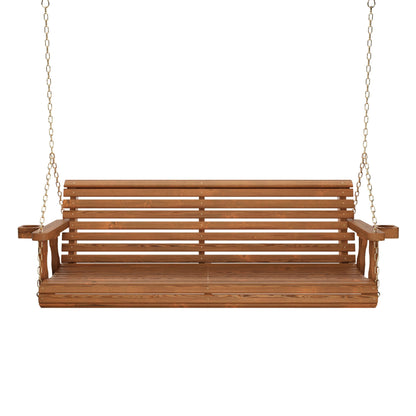 Amish Casual Heavy Duty 700 Lb Capacity Porch Swing with Cup Holders (4 Foot, Oak Stain) – Wooden Outdoor Roll Back Swing with Hanging Chains – Amish Made in the USA