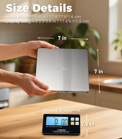 Atogou Upgraded Wireless Food Scale, 33lb/15kg Kitchen Scale with Detachable Display & Larger Platform, 0.1oz/1g, 9 Units, Counting Function, Stainless Steel, for Cooking, Baking, Shipping, Silver