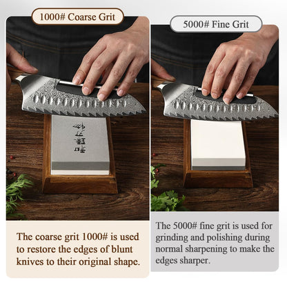 HEZHEN Extra Large Double-sided White Corundum Whetstone Knife Sharpening Stone Grit 1000/5000 Waterstone- 7.9x3.1x1.2 inch Knife Sharpener- Non-slip Acacia Wood Base & Flattening stone & Angle Guide