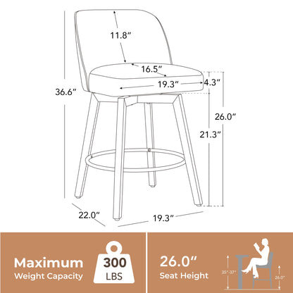 CHITA Modern Swivel Counter Height Bar Stools Set of 2, 26" Upholstered Counter Stools, Solid Wood Legs, Comfortable Cushioned Seat, Cream Fabric