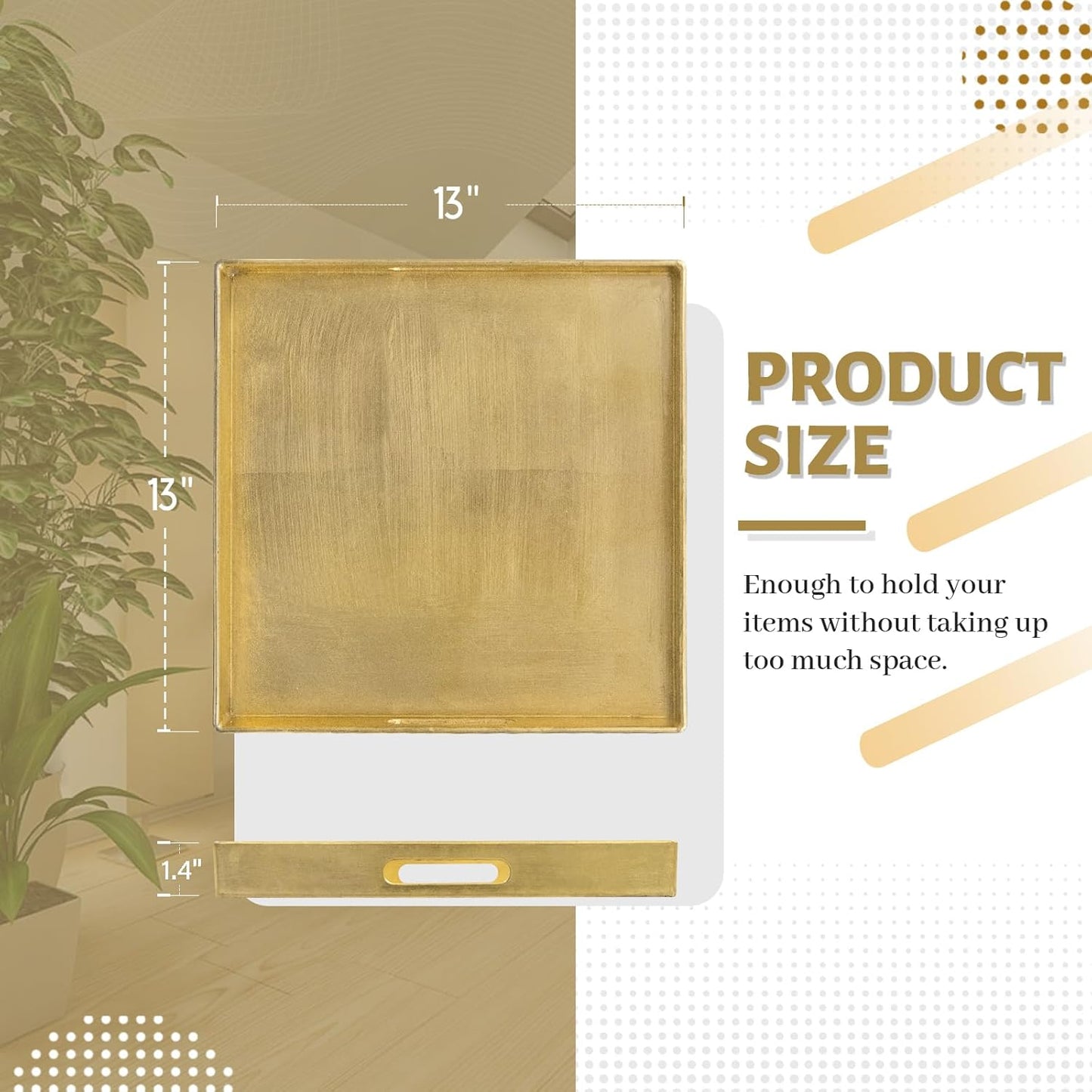 13" 13" 1.6" MAONAME Gold Decorative Tray with Handles, Foil Serving Tray for Ottoman, Square Coffee Table Trays
