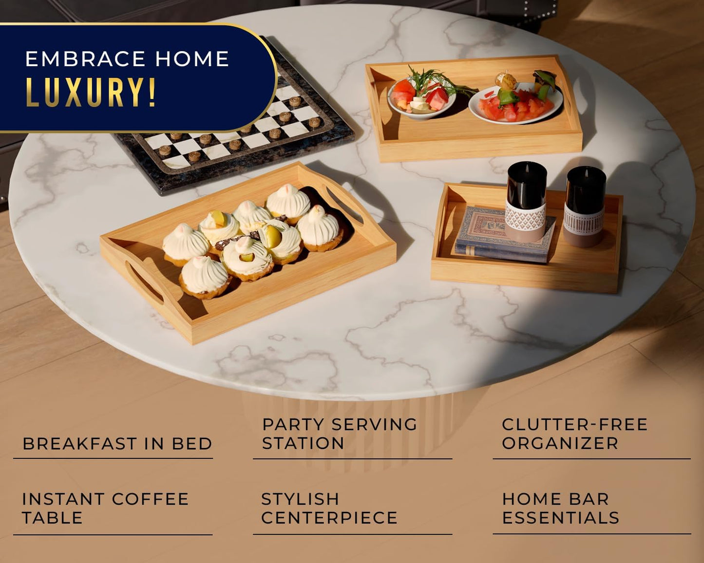 Set 3 Comfify Bamboo Serving Trays of Ottoman Trays for Food, Entertaining, and Decor Minimalist Design