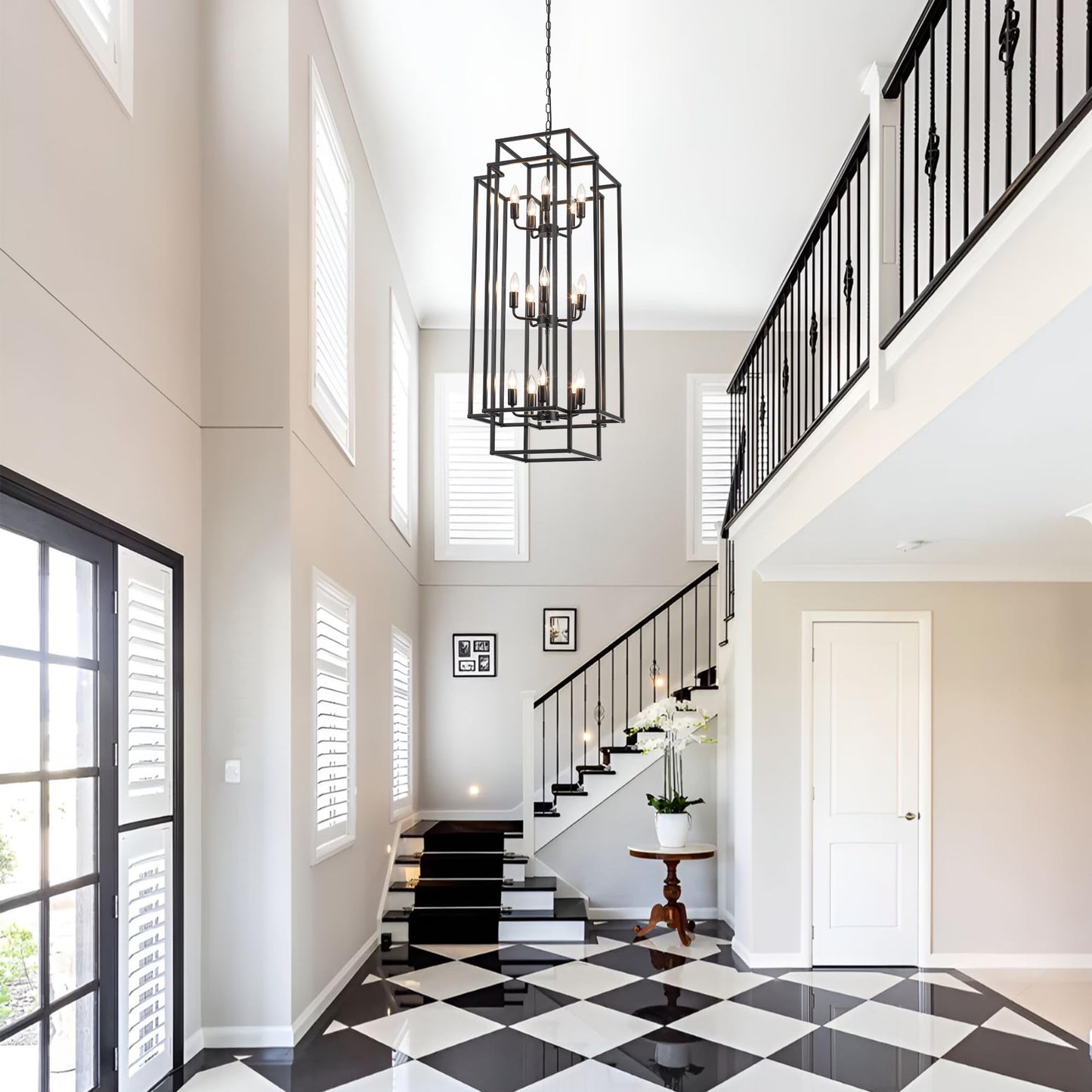 Xuridongsheng 15-Light Lantern Chandelier for Foyer Large Black High Ceiling Chandelier with 3-Tier Candle Design, Modern Farmhouse Entryway Lighting Fixture for Staircase, Two Story Living Room, E12