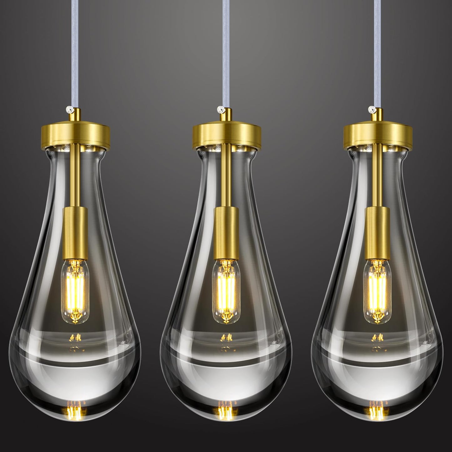 LIANGMH Raindrop Pendant Lights Kitchen Island Set of 3 Teardrop Gold Hanging Light Fixtures Clear Solid Glass Pendant Light Modern Chandeliers for Dining Room Porch Corridor Living Room…